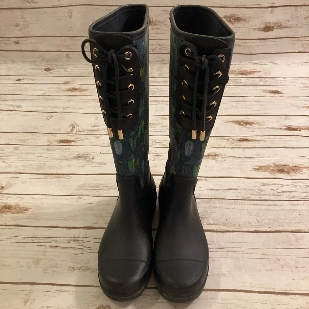 Tory Burch Lana Beetle Printed Tall Rain Boots Size 7